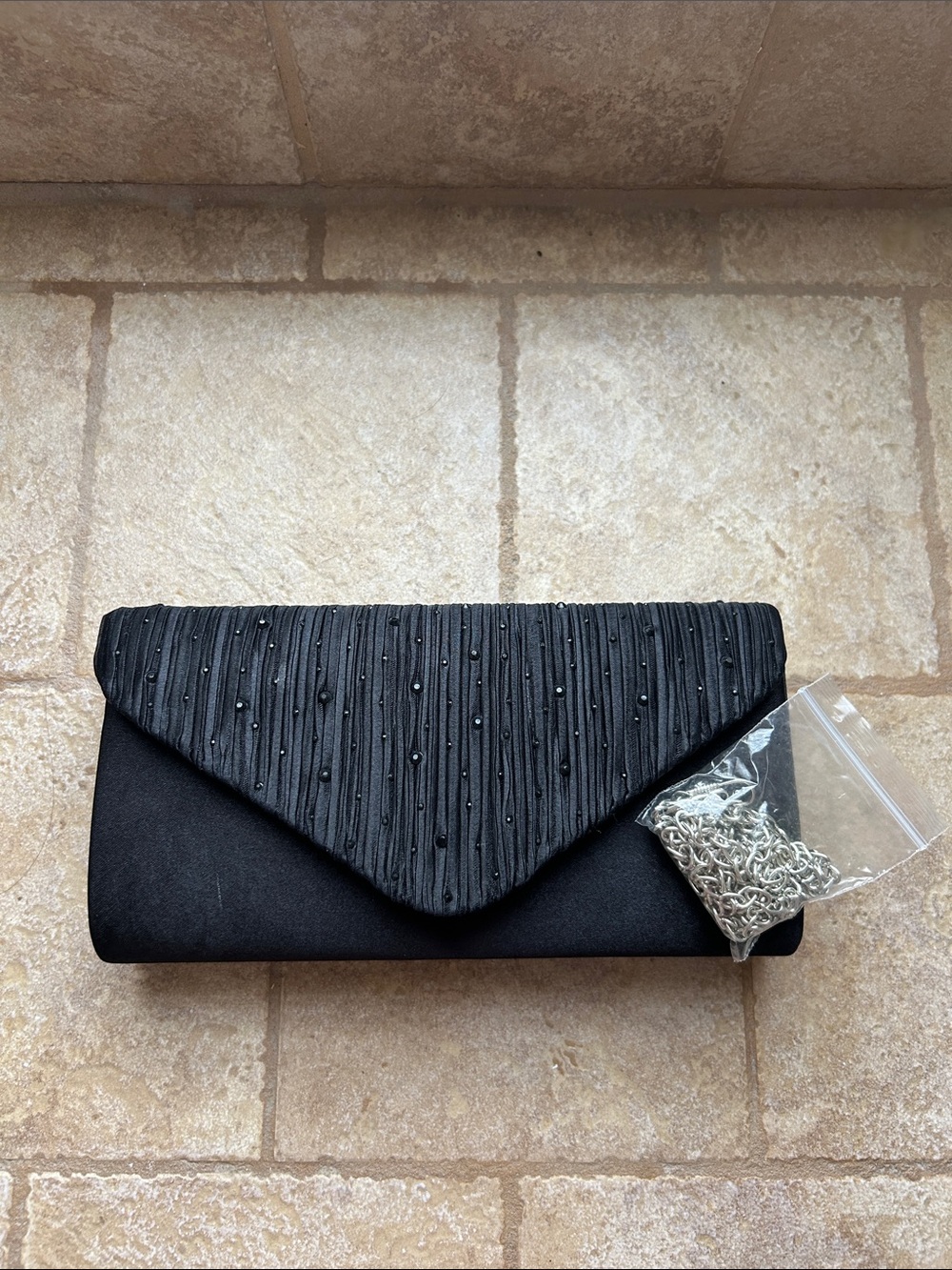 Black Beaded Envelope Clutch with Detachable Chain
